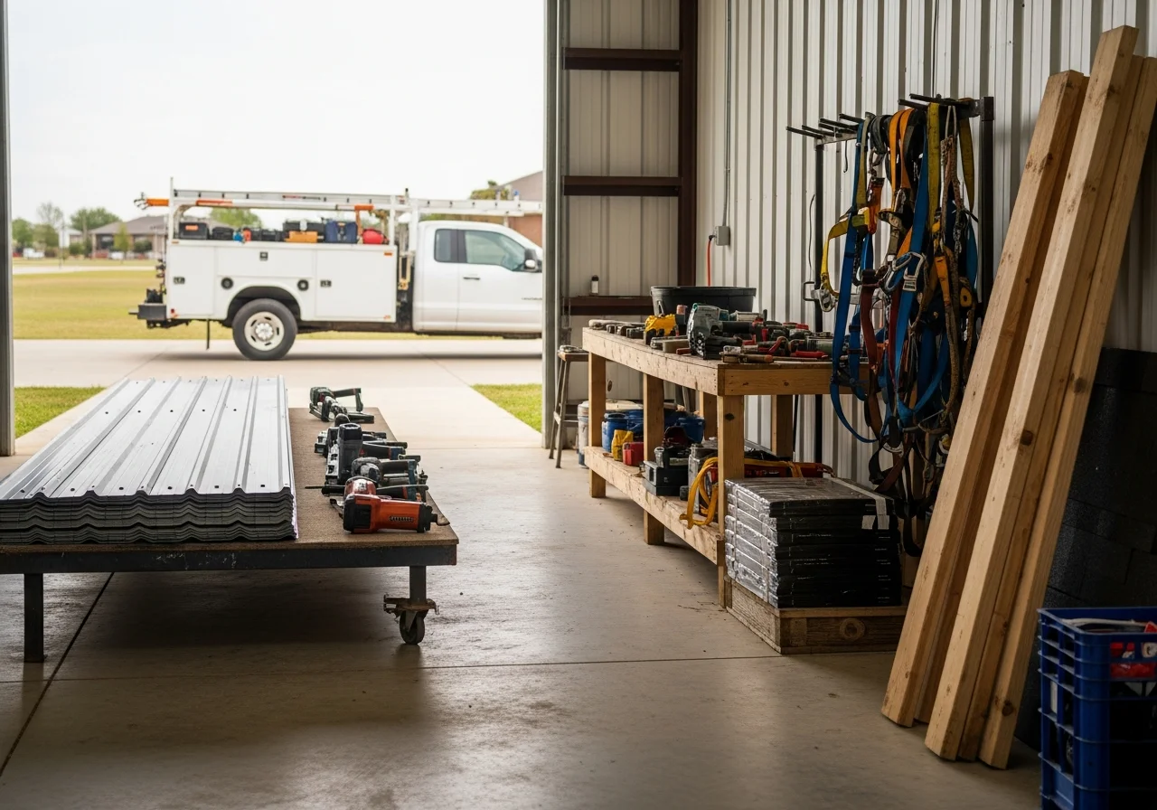 Roofing crew and tools on a residential job site, showing professional equipment and materials staged for installation.