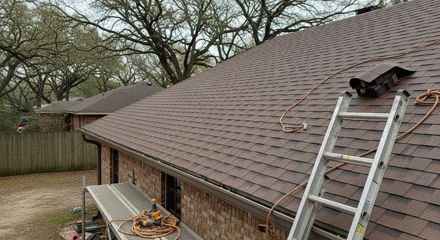 Roofing contractor installing shingles on residential home