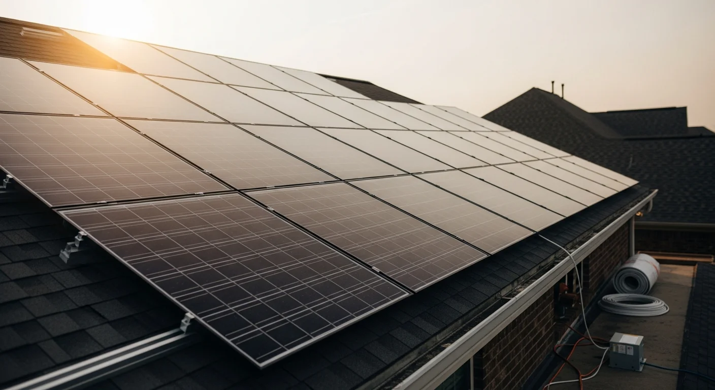 Solar panels installed on residential roof in bright sunlight