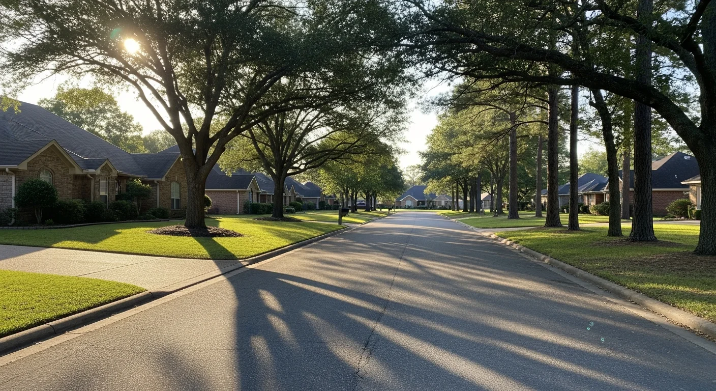 A residential street in Bossier City with well-maintained homes and mature trees lining the road.