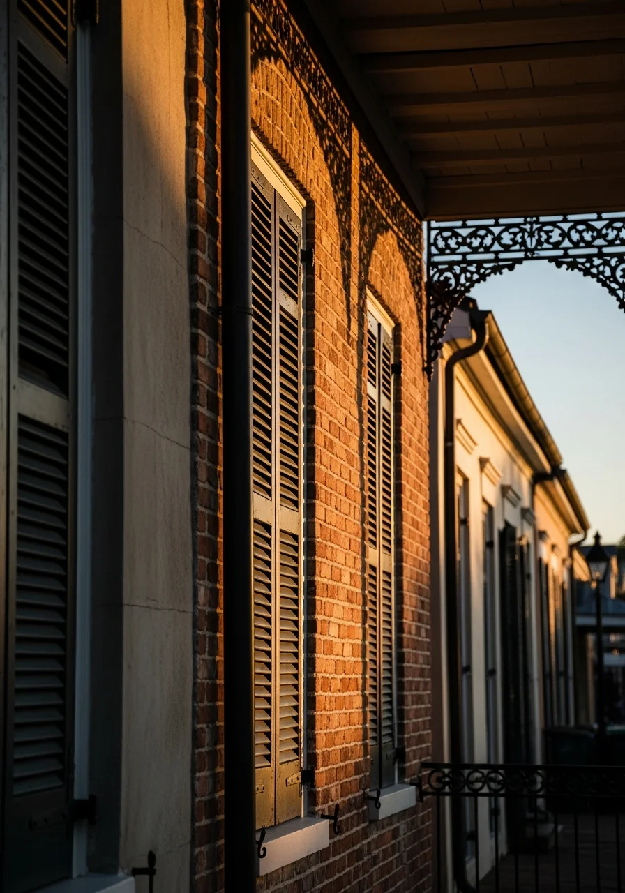 A close-up of traditional Natchitoches architectural elements showing skilled restoration work.