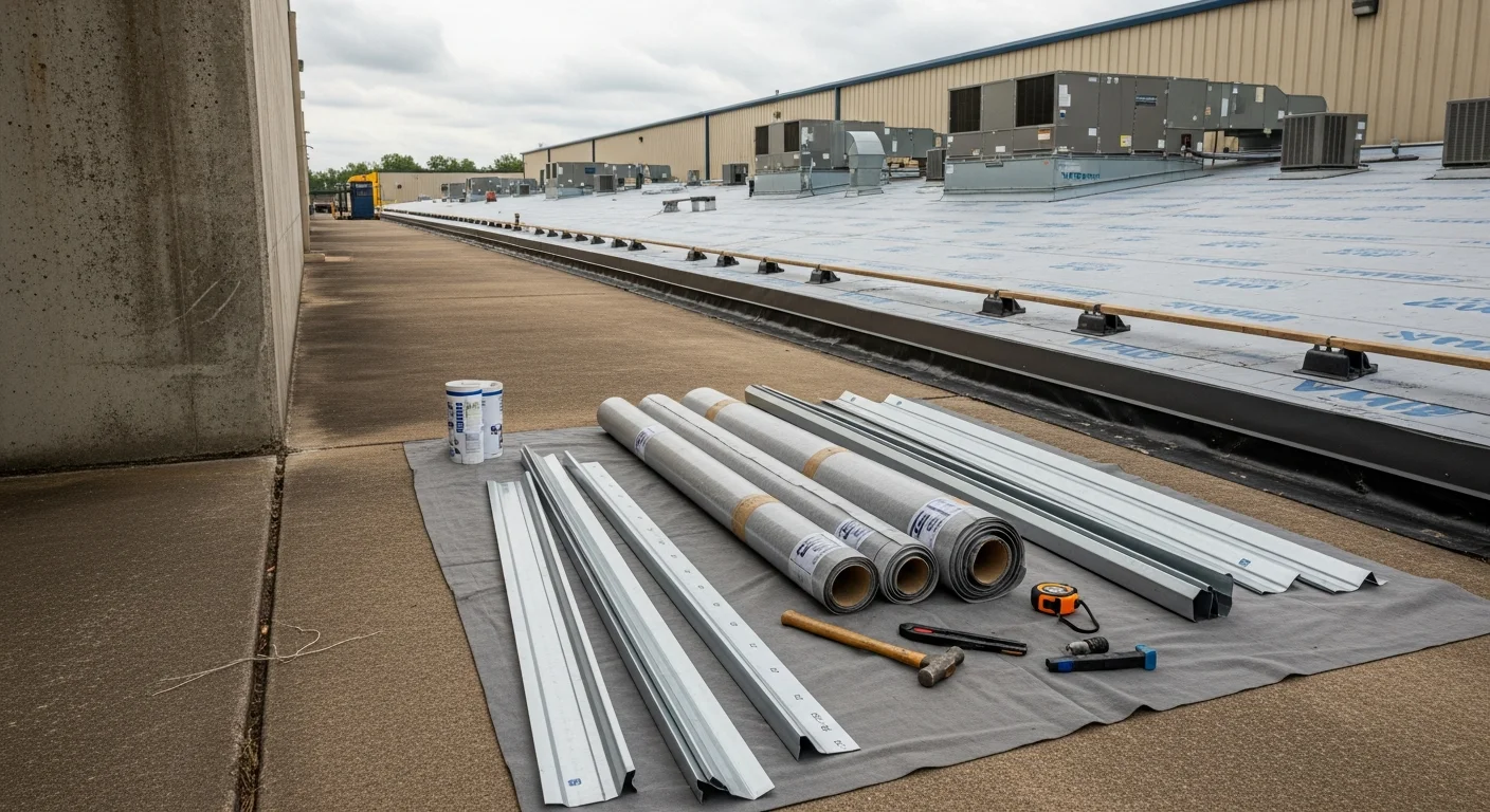 A flat commercial roofing system on a Bossier City, LA business property showing a fully installed low-slope membrane roof with rooftop HVAC units. A roofing crew from Cypress Solar And Roofing completes a seam inspection along the field of the roof.