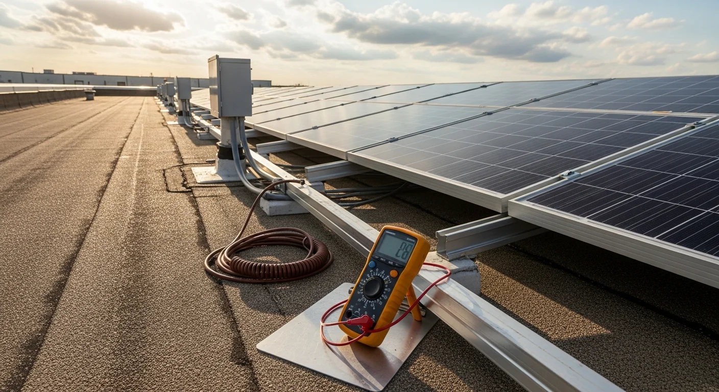 Commercial solar panels installed on a flat-roof warehouse rooftop in Bossier City, Louisiana. Rows of panels cover the full roof surface under clear blue sky.