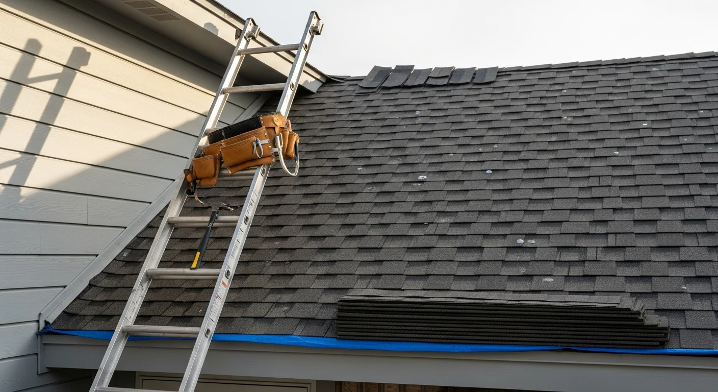 A completed residential roof replacement on a single-family home in Bossier City, Louisiana, showing uniform shingle installation and clean ridge line. The home sits in a typical Bossier City subdivision with mature trees visible in the background.