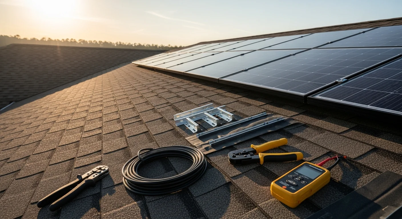 Rooftop solar panels installed on a single-family home in Bossier City, Louisiana, with panels mounted flush on a south-facing shingle roof under clear blue sky. A completed residential solar installation showing clean panel rows and roof-level electrical conduit on a northwest Louisiana home.