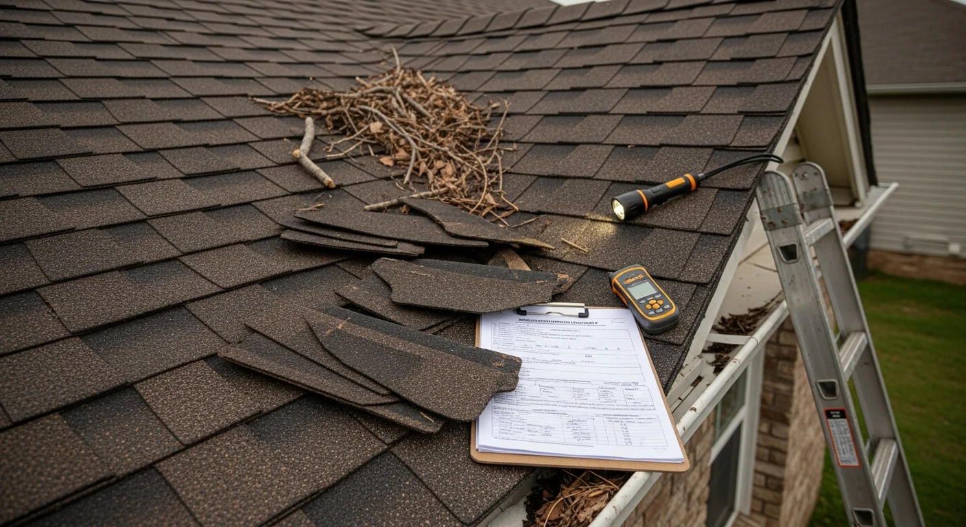 A roofing contractor from Cypress Solar And Roofing inspecting shingles and flashing on a residential roof in Bossier City, Louisiana. The inspector examines the roof surface up close following a storm event in the Shreveport-Bossier metro area.