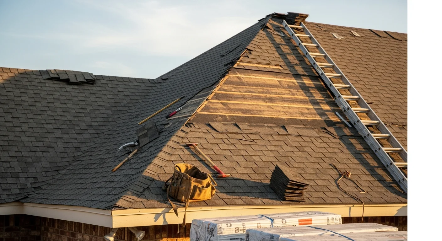A Cypress Solar And Roofing crew repairing storm-damaged shingles on a residential roof in Bossier City, Louisiana. Close-up view shows replaced shingles and sealed flashing along the roof edge after high-wind damage.
