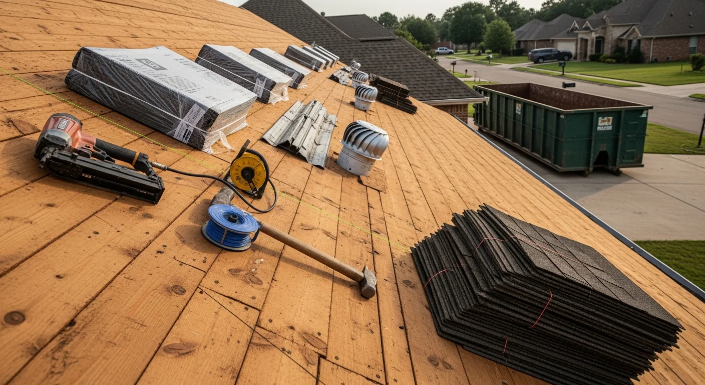 A completed residential roof replacement on a single-family home in Bossier City, Louisiana, showing a freshly installed shingle system with new ridge cap and clean roofline. The surrounding yard reflects a typical Bossier Parish neighborhood setting under a partly cloudy Louisiana sky.