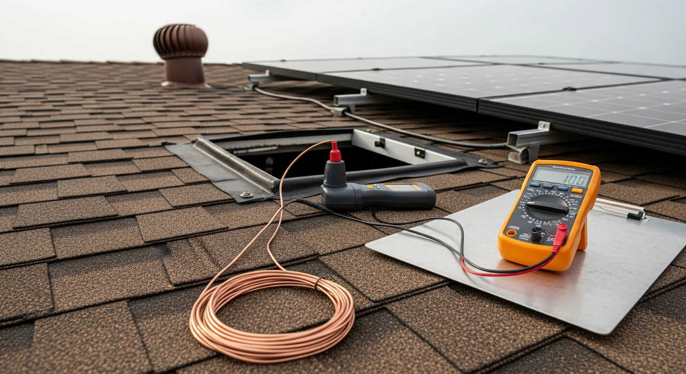 A solar technician inspecting rooftop solar panels on a residential home in Bossier City, Louisiana, checking mounting hardware and panel surfaces after a storm. Close-up view shows the inspector examining wiring connections and rail brackets on a pitched roof under clear sky.