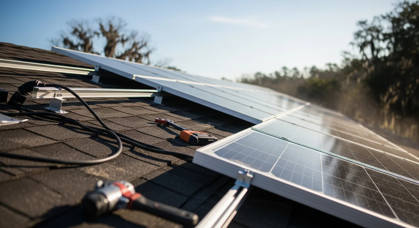 Rooftop solar panels installed on a residential home in Bossier City, Louisiana, with rows of panels mounted flush on a pitched shingle roof under a clear blue sky. The installation shows clean wiring and secure panel mounting typical of a professional solar energy contractor.