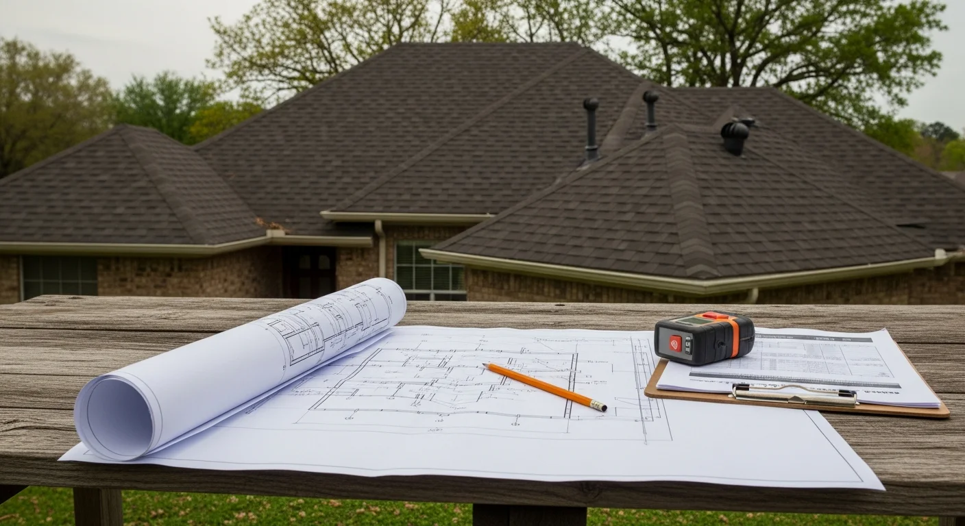 A Cypress Solar And Roofing technician reviewing a solar system design plan on a residential rooftop in Bossier City, Louisiana. The image shows panel layout markings on a pitched roof with a clear blue sky in the background.